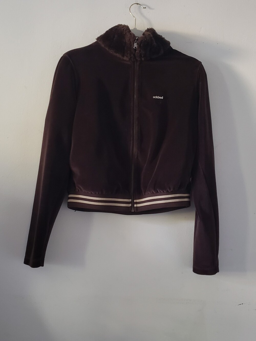 Vintage Y2K Eckō Red Brown Velour Fur Collar Zip Crop Jacket Size L